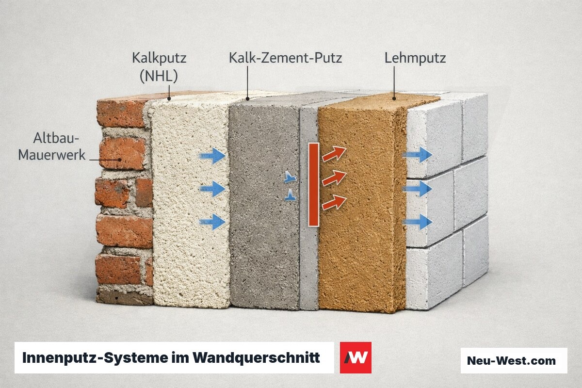 Wandquerschnitt vergleicht Kalkputz, Kalk-Zement-Putz und Lehmputz auf Altbau- und Neubau-Mauerwerk mit Dampfdiffusion.
