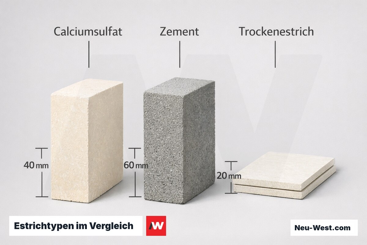 Estrichtypen im Vergleich: Nenndicke, Belegreife, Feuchtraumeignung – Erklär-Grafik (NEUWEST Berlin)
