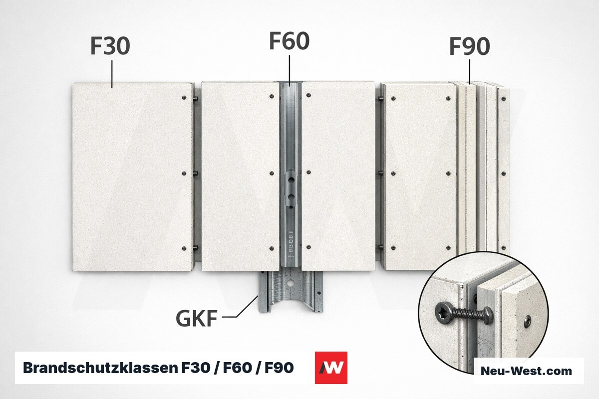 Brandschutzklassen F30 / F60 / F90 im Trockenbau: GKF-Lagenanzahl und Befestigungsabstand – Erklär-Grafik (NEUWEST Berlin)