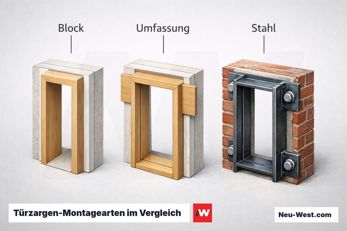 Türzargen-Montagearten im Vergleich: Block, Umfassung, Stahl – Erklär-Grafik (NEUWEST Berlin)