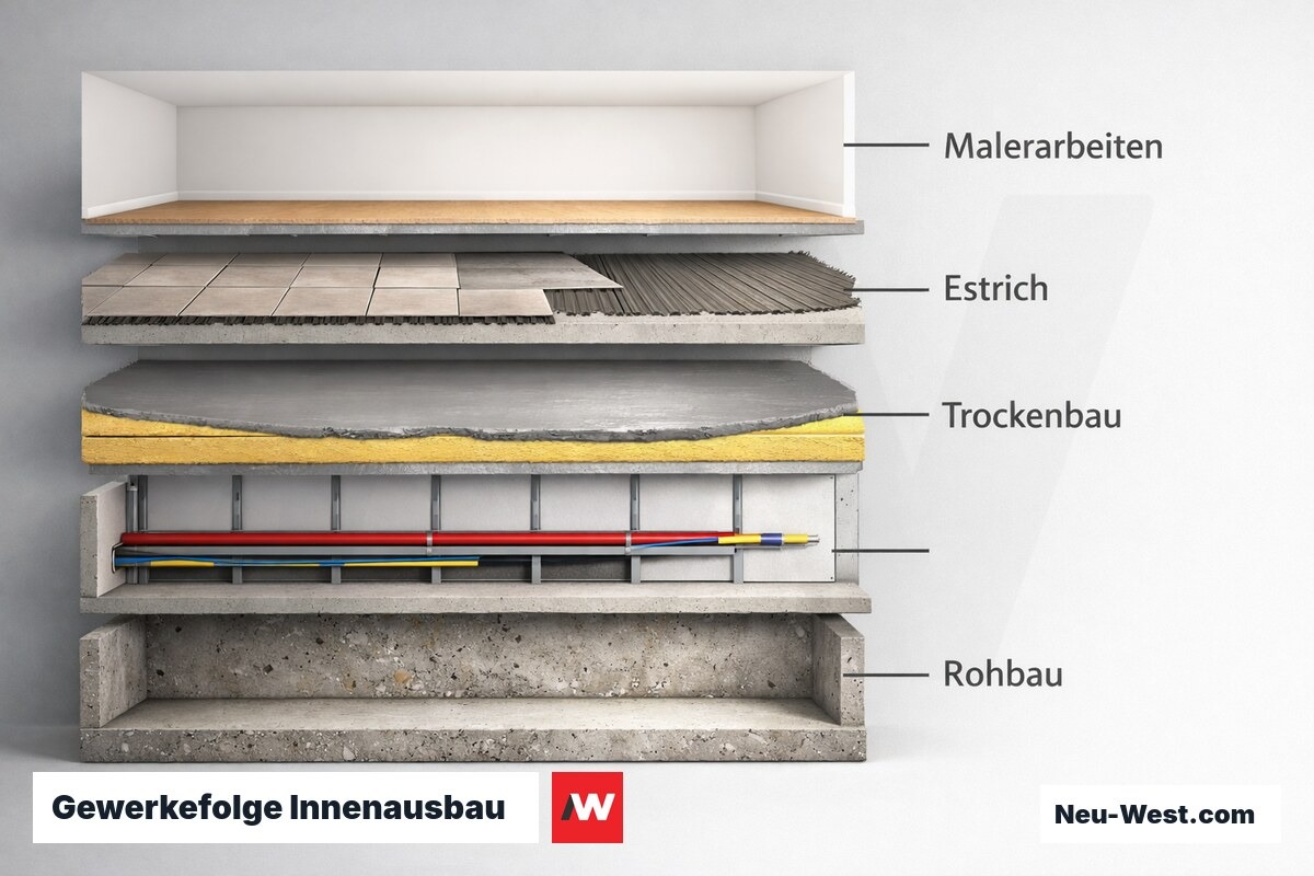 Gewerkefolge Innenausbau: von Rohbau bis Malerarbeiten – Erklär-Grafik (NEUWEST Berlin)