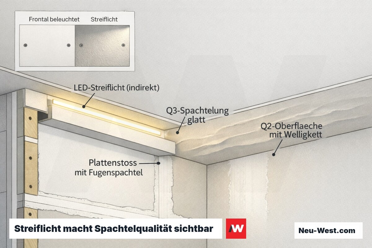 Querschnitt Deckenkante mit indirektem LED-Streiflicht, das Unebenheiten der Q2-Spachtelung sichtbar macht, daneben glatte Q3-Oberfläche.
