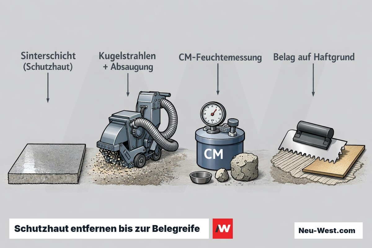 Prozessgrafik: Estrich-Schutzhaut per Kugelstrahlen entfernen, CM-Feuchtemessung zur Belegreife und Belagverklebung auf offenporigem Haftgrund.