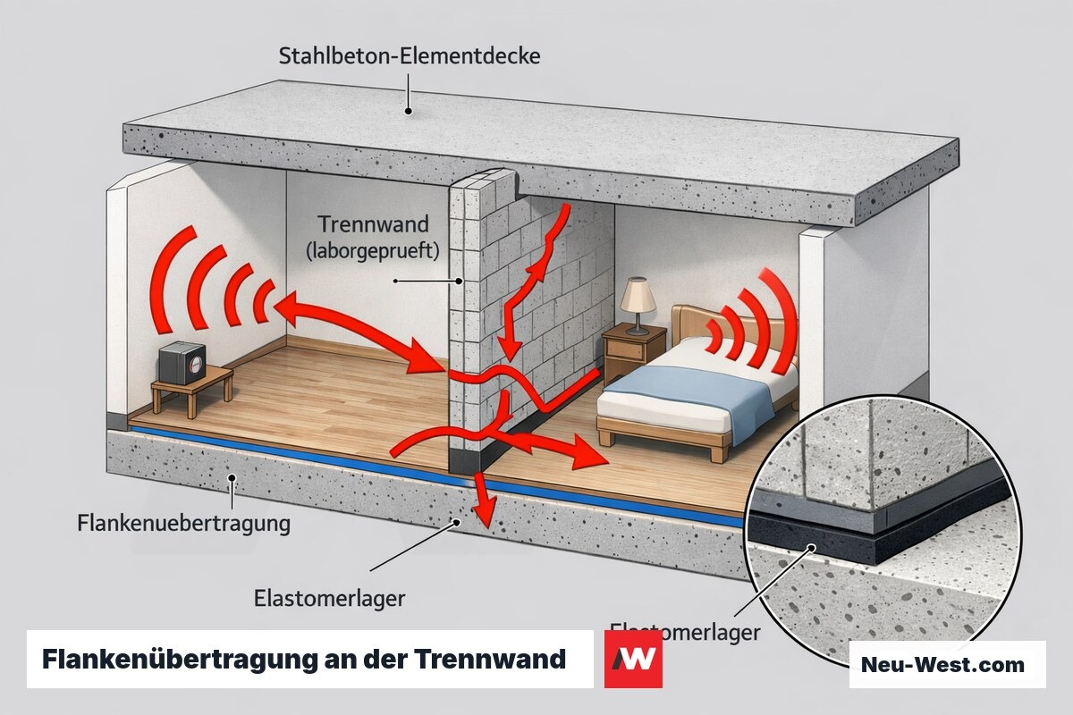 Cutaway-Querschnitt zweier Räume: Trennwand blockt Luftschall, Körperschall wandert als Flankenübertragung über Wandanschluss und Decke; Elastomerlager als Entkopplung.
