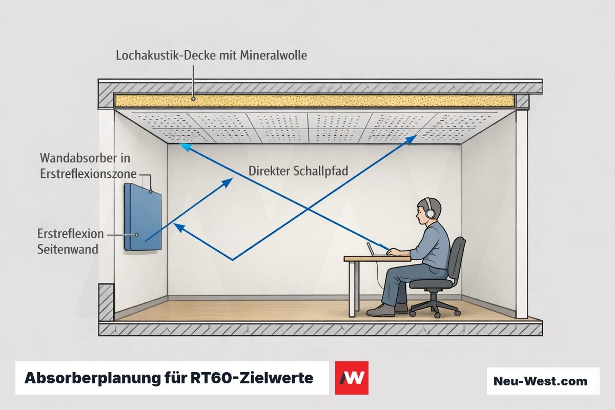 Raumquerschnitt zeigt Schallpfade, Lochakustik-Decke mit Mineralwolle und Wandabsorber in der Erstreflexionszone zur RT60-Optimierung.
