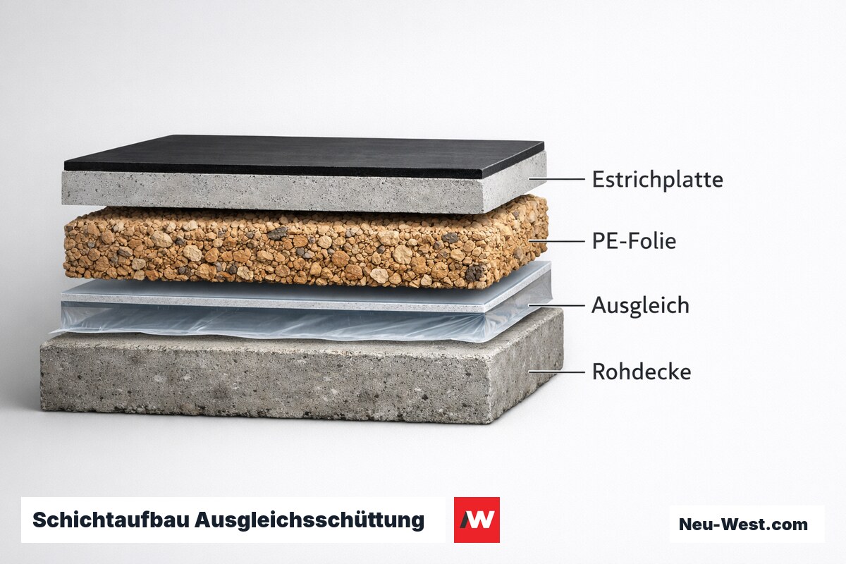 Schichtaufbau Ausgleichsschüttung Trockenbodenaufbau – Erklär-Grafik (NEUWEST Berlin)