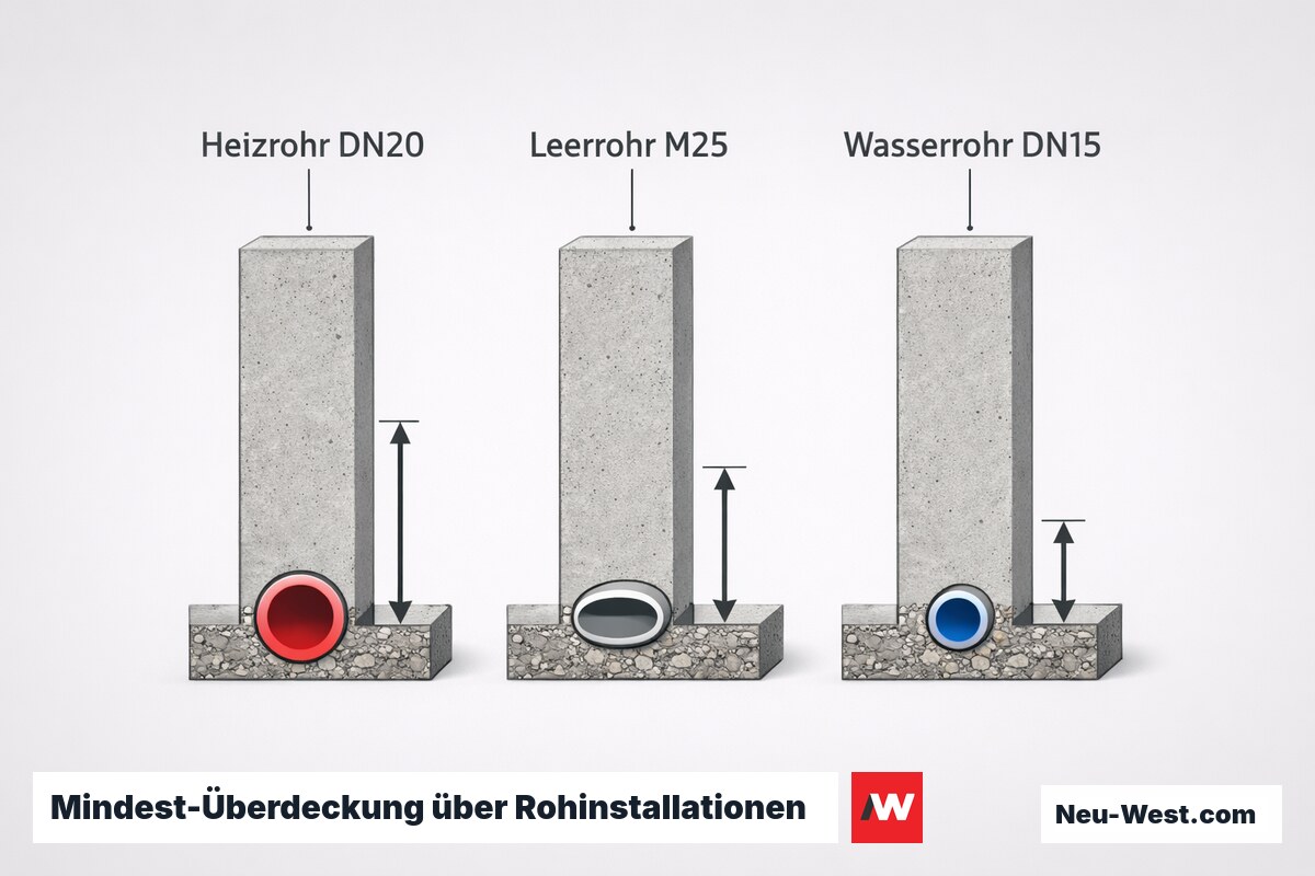 Mindest-Überdeckung über Rohinstallationen in der Schüttlage – Erklär-Grafik (NEUWEST Berlin)