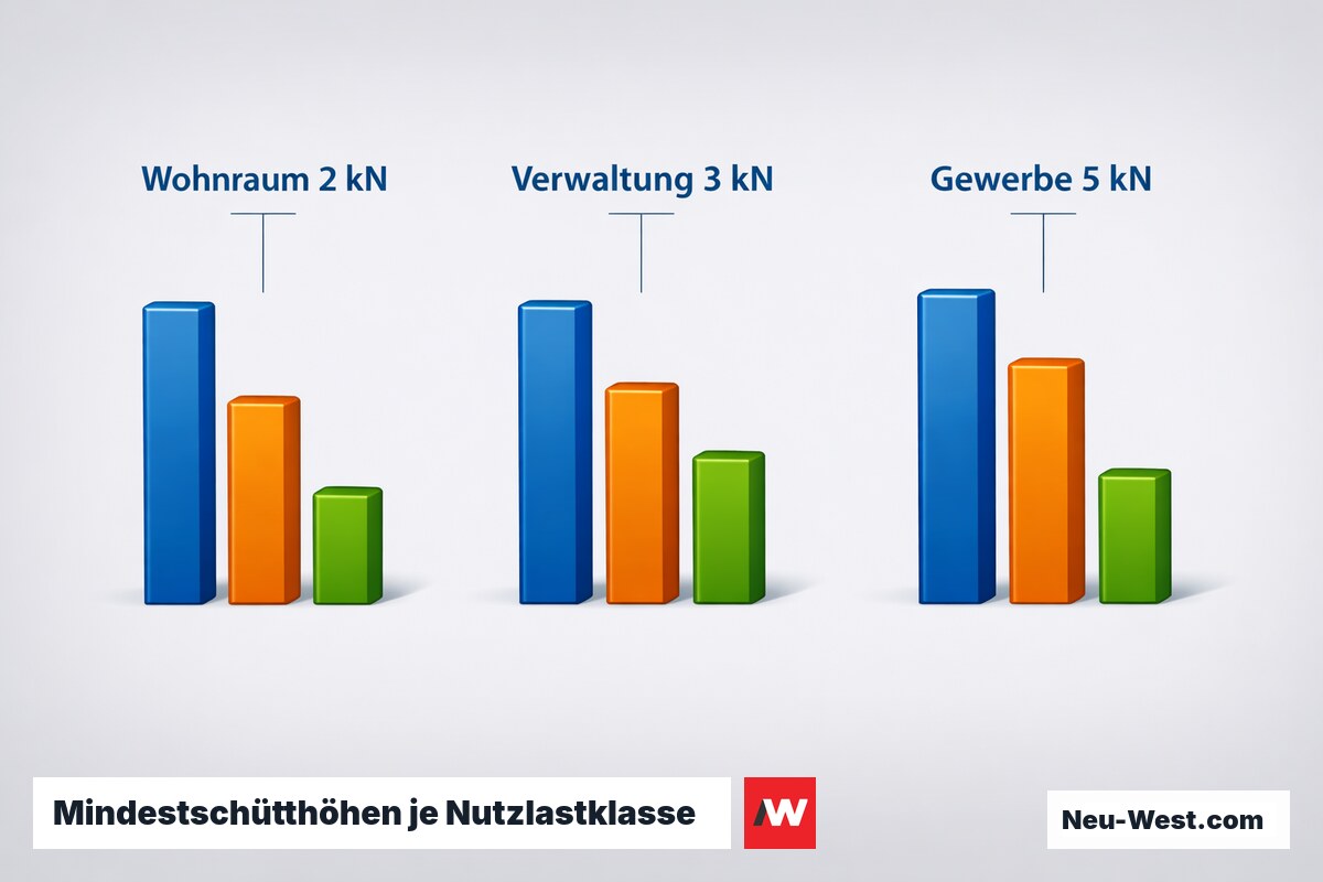 Mindestschütthöhen je Nutzlastklasse und Material – Erklär-Grafik (NEUWEST Berlin)