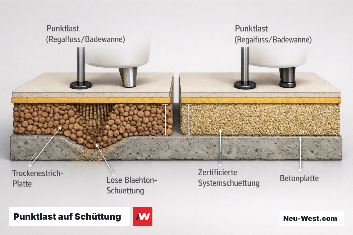 Querschnitt: Punktlast drückt lose Blähton-Schüttung stark ein, während zertifizierte Systemschüttung unter gleicher Last nahezu setzungsfrei bleibt.