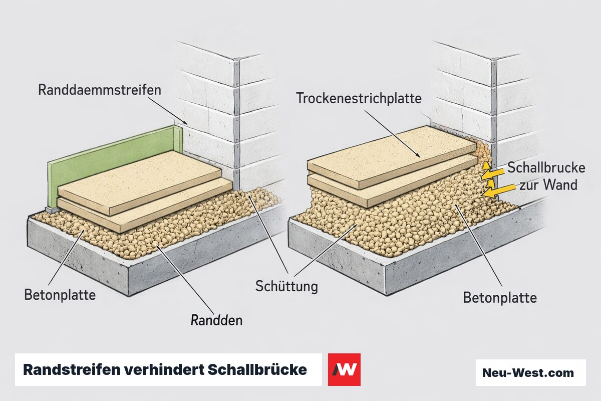 Querschnitt Bodenaufbau: umlaufender Randdämmstreifen trennt Schüttung und Trockenestrich von der Hauswand, verhindert Körperschall-Schallbrücke.