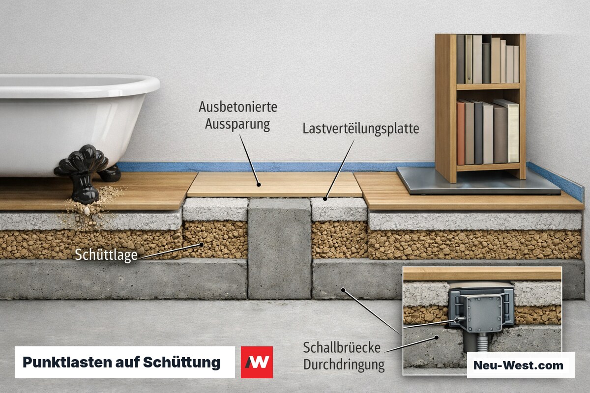 Querschnitt: gusseiserne Wanne und Regal auf Schüttung mit ausbetonierter Aussparung, Lastverteilungsplatte und Schallbrücke durch Verteilerdose.