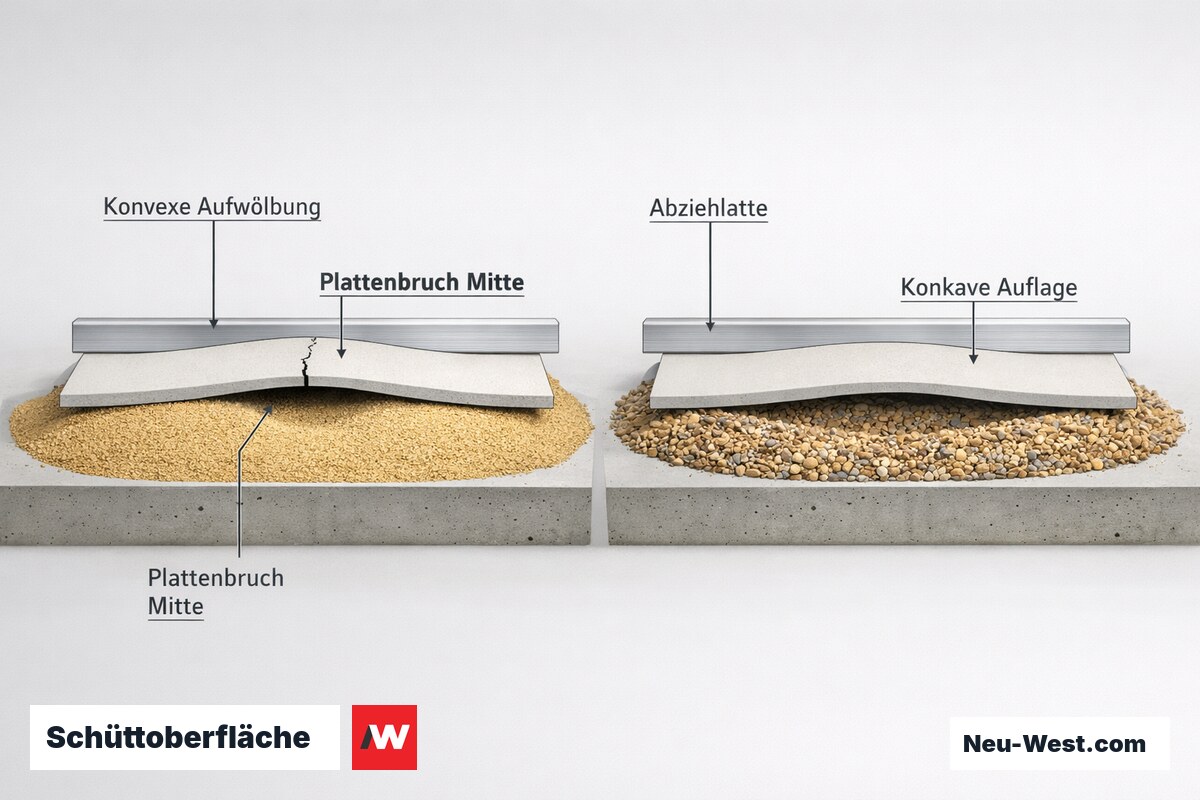 Querschnitt-Vergleich: konvexe Schüttung lässt Trockenestrichplatte in der Mitte brechen, konkave Schüttung stützt die Platte an den Rändern.