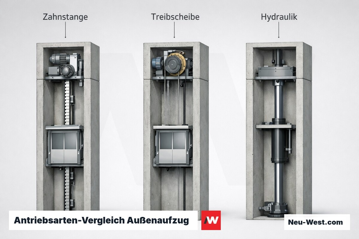 Antriebsarten-Vergleich Außenaufzug – Erklär-Grafik (NEUWEST Berlin)