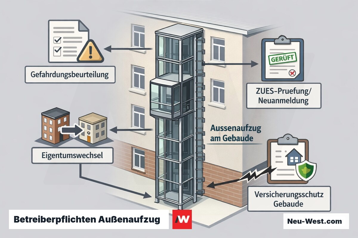 Erklär-Grafik: Außenaufzug am Gebäude mit Betreiberpflichten-Kette aus Gefährdungsbeurteilung, ZÜS-Prüfung und Versicherungsschutz.