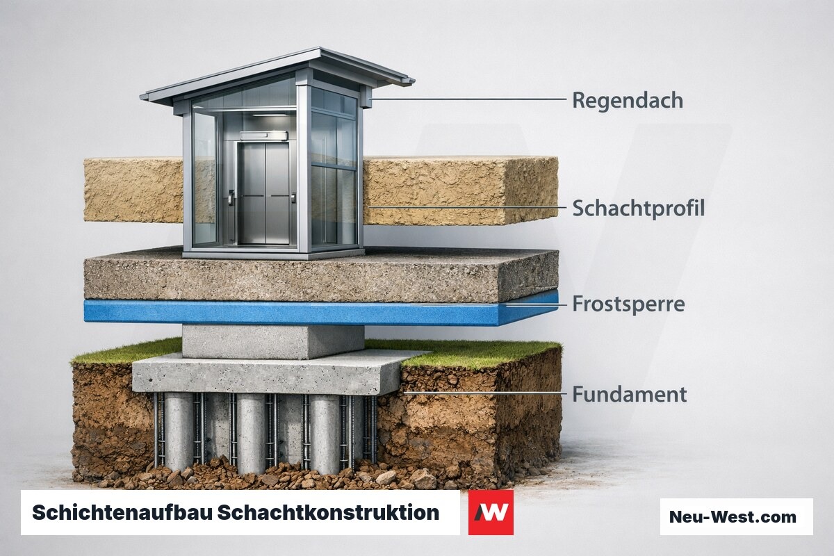 Schichtenaufbau Schachtkonstruktion Außenaufzug – Erklär-Grafik (NEUWEST Berlin)