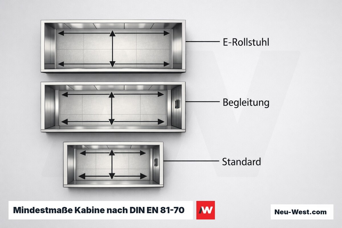 Mindestmaße Kabine nach DIN EN 81-70 – Erklär-Grafik (NEUWEST Berlin)