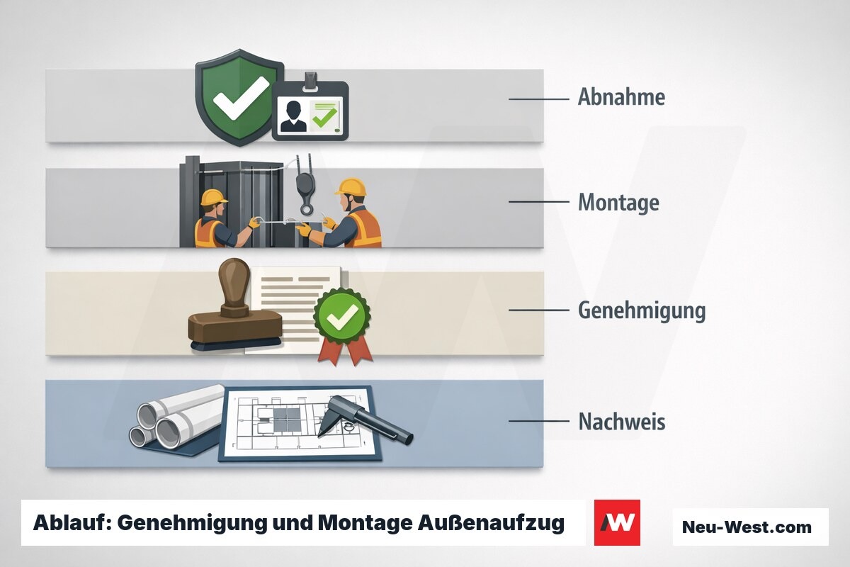 Ablauf: Genehmigung und Montage Außenaufzug Berlin – Erklär-Grafik (NEUWEST Berlin)