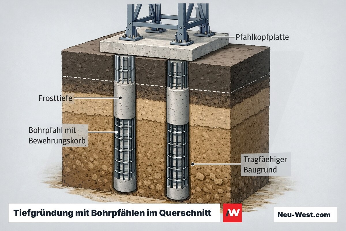 Querschnitt einer Bohrpfahl-Tiefgründung für einen Außenaufzug mit Bewehrungskorb, Pfahlkopfplatte, Frosttiefe und tragfähigem Baugrund in bindigem Boden.