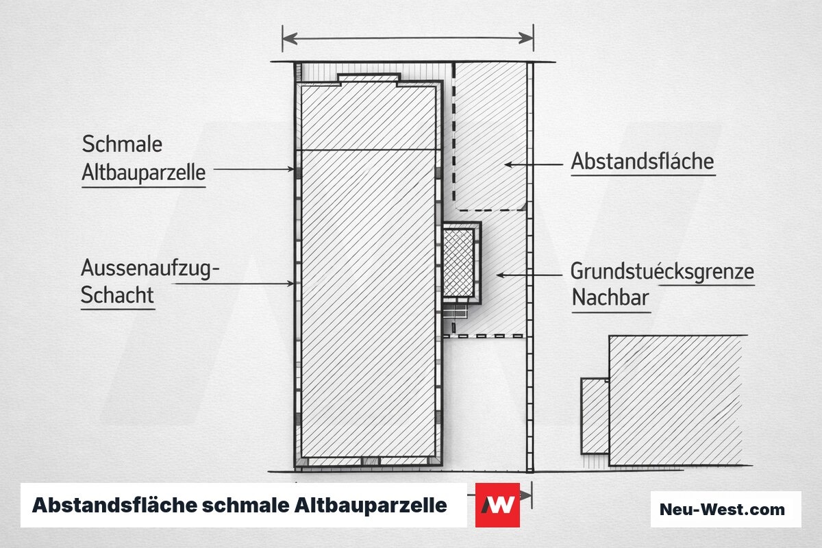 Lageplan-Skizze einer schmalen Berliner Altbauparzelle: Außenaufzug-Schacht mit überschrittener Abstandsfläche zur Grundstücksgrenze des Nachbarn.