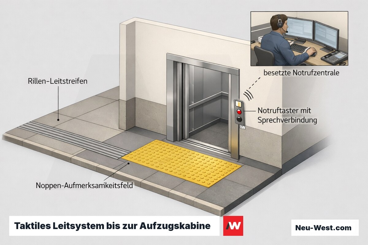 Erklaer-Grafik: taktile Bodenfuehrung vom Gehweg bis zur Aufzugskabine nach DIN 32984 und Notruftaster mit Sprechverbindung zur besetzten Stelle nach EN 81-28.
