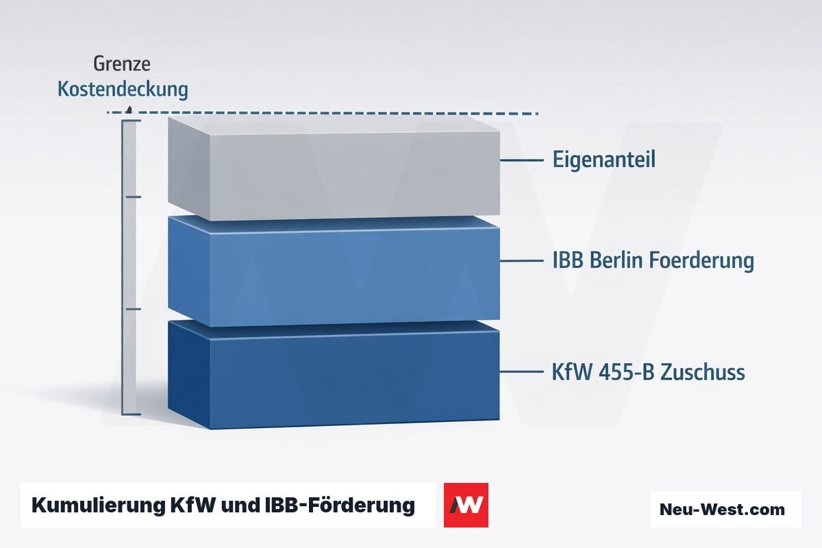 Gestapeltes Diagramm der förderfähigen Nettokosten: KfW 455-B, IBB-Berlin-Förderung und Eigenanteil bis zur Grenze der Kostendeckung