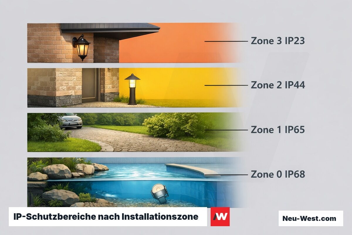 IP-Schutzbereiche nach Installationszone (DIN VDE 0100-702) – Erklär-Grafik (NEUWEST Berlin)