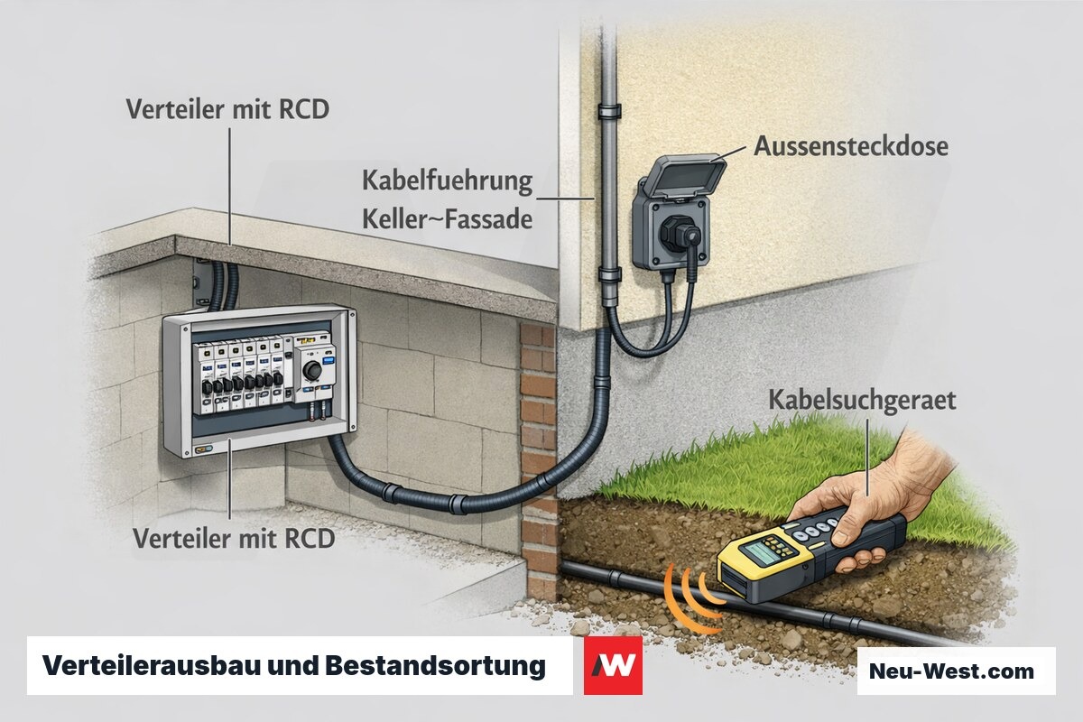 Gebäude-Querschnitt: separater Außenstromkreis mit RCD im Verteiler, Kabelführung vom Keller zur Fassade und Kabelortung im Bestand.