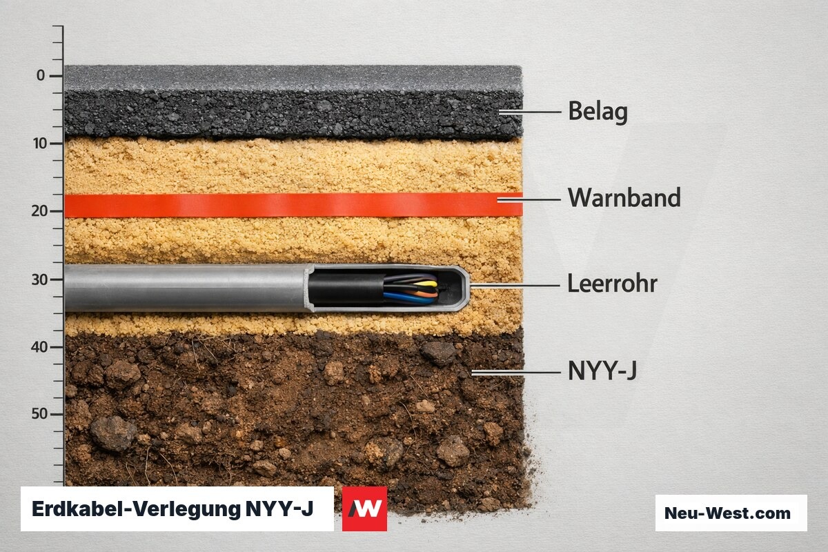 Erdkabel-Verlegung NYY-J nach DIN VDE 0100-520: Schichtenaufbau und Verlegetiefe – Erklär-Grafik (NEUWEST Berlin)