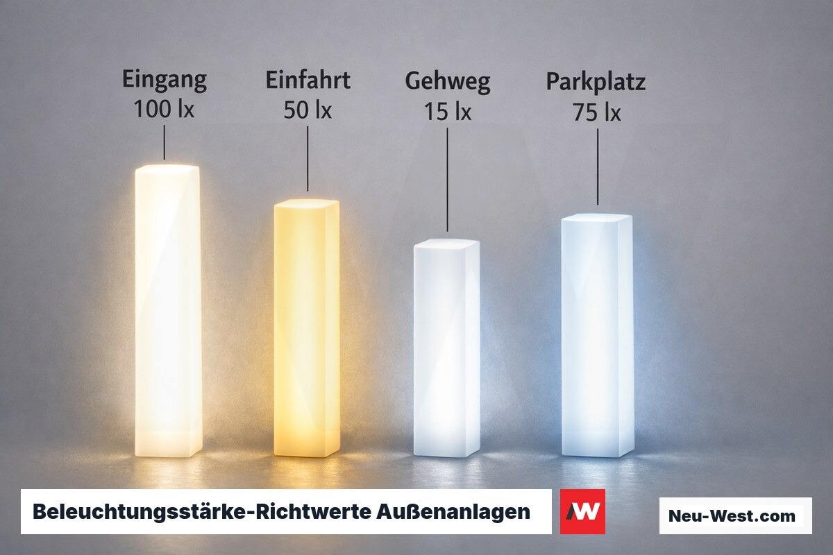 Beleuchtungsstärke-Richtwerte Außenanlagen (DIN EN 13201 / ASR A3.4) – Erklär-Grafik (NEUWEST Berlin)