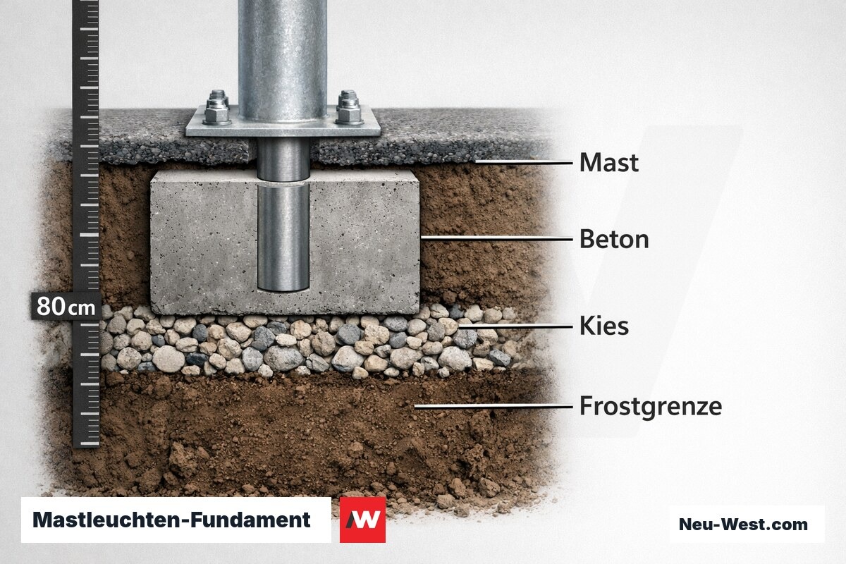 Mastleuchten-Fundament: Schichtaufbau und Frosttiefe Berlin (80 cm) – Erklär-Grafik (NEUWEST Berlin)
