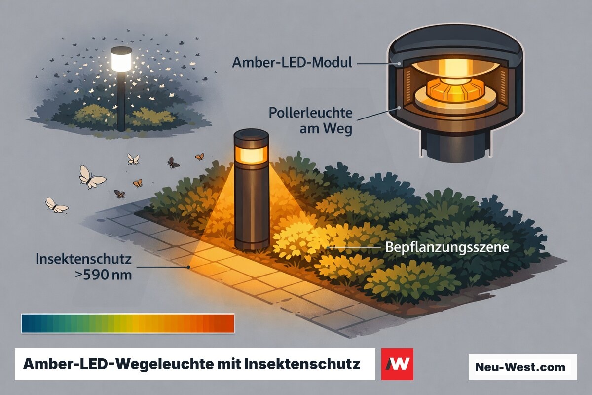 Erklaer-Grafik einer Amber-LED-Pollerleuchte am Gartenweg mit Bepflanzung, Wellenlaengenband ueber 590 nm und geringerer Insektenanlockung gegenueber Weisslicht.