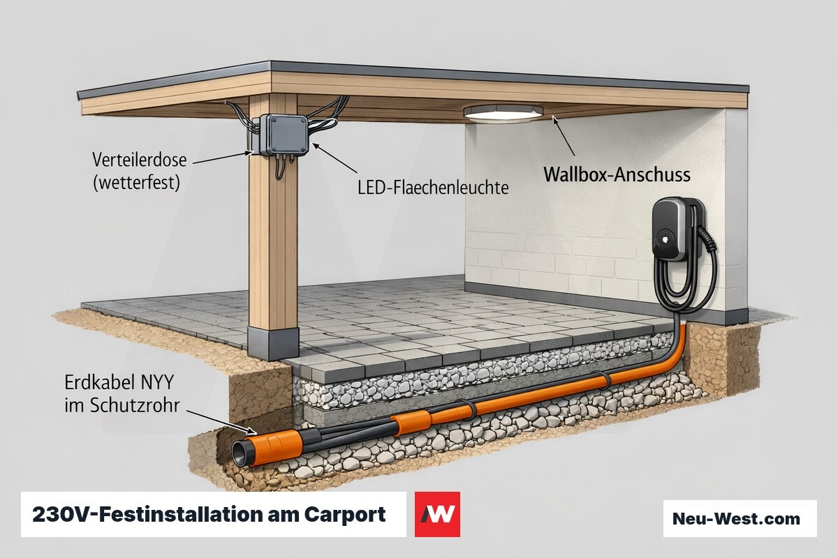 Querschnitt eines Carports mit 230V-Erdkabel, wetterfester Verteilerdose, LED-Leuchte und vorbereitetem Wallbox-Anschluss.