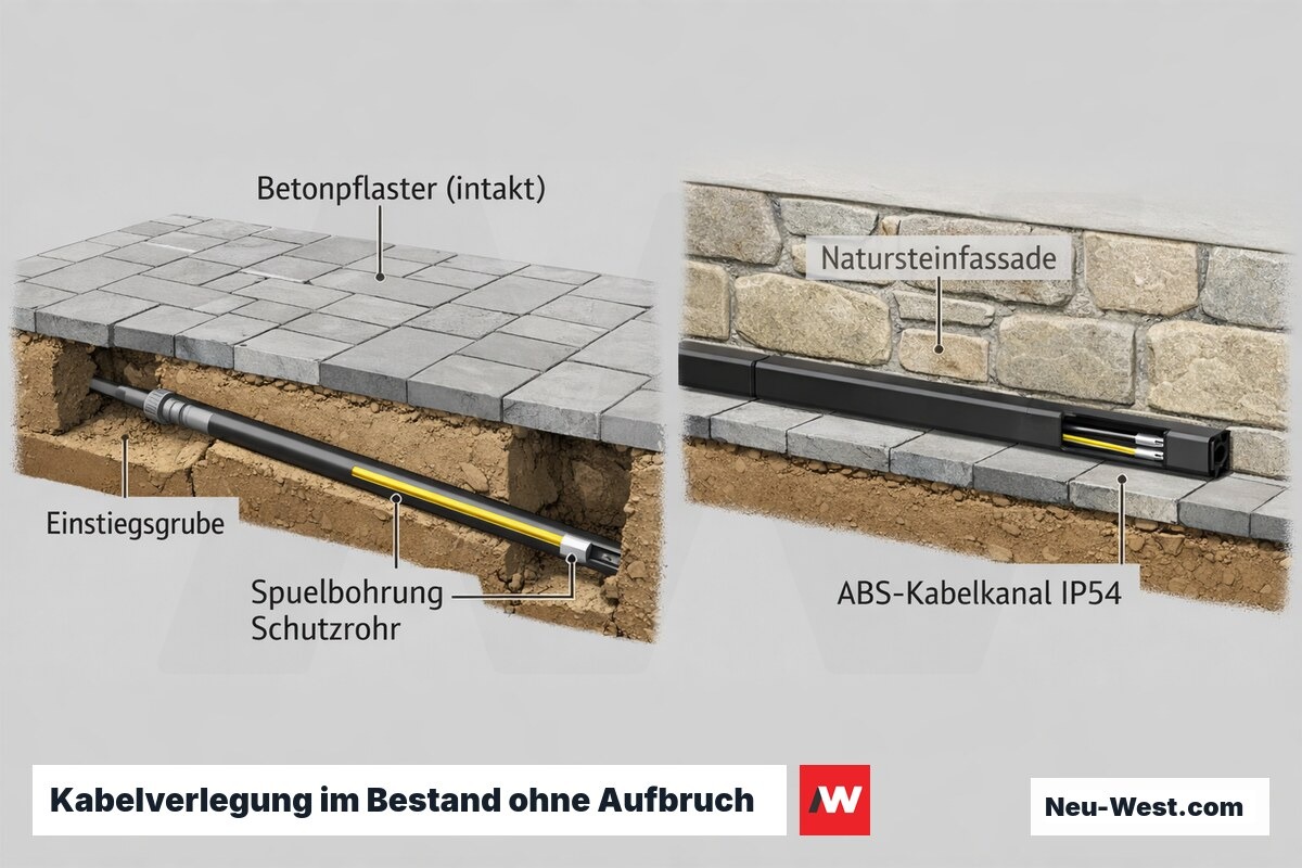 Querschnitt: Horizontalbohrung unter Einfahrt und ABS-Kabelkanal an Natursteinfassade als reversible Alternativen zum Belagsaufbruch.