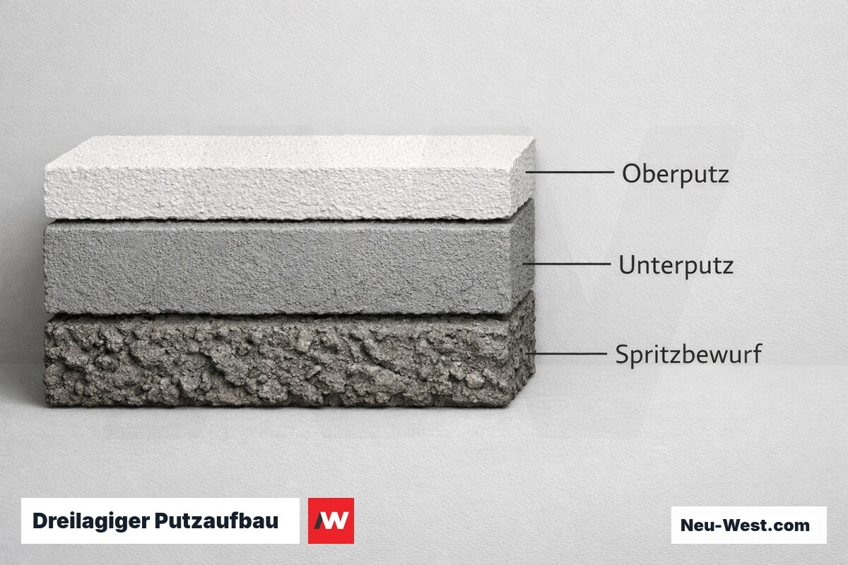 Dreilagiger Putzaufbau: Schichtdicken, Trocknungszeit und Funktion je Lage – Erklär-Grafik (NEUWEST Berlin)
