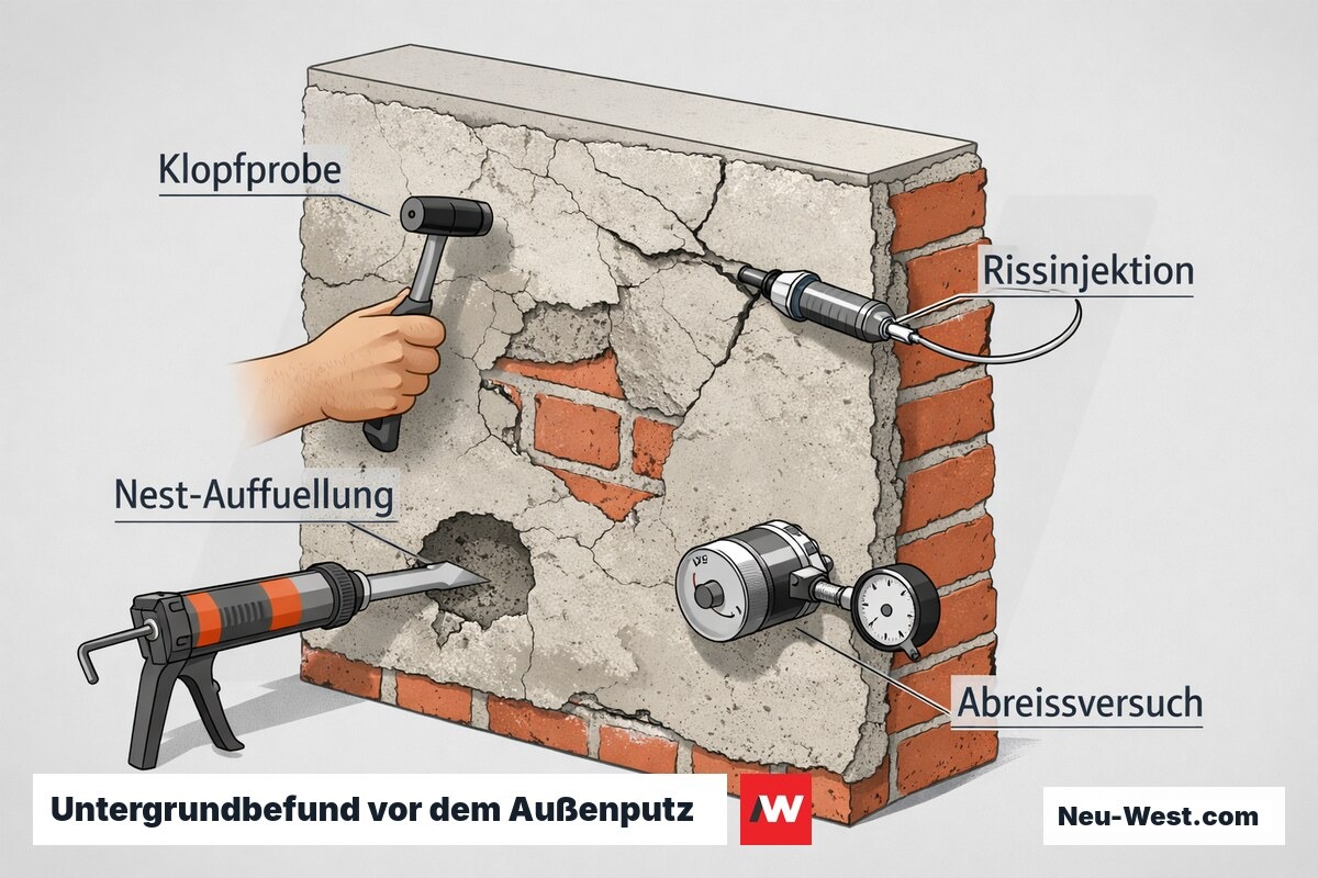 Querschnitt einer Fassade mit instrumentiertem Untergrundbefund: Klopfprobe, Rissinjektion, Nest-Auffüllung und Abreißversuch zur Kalkulation der Untergrundaufbereitung.