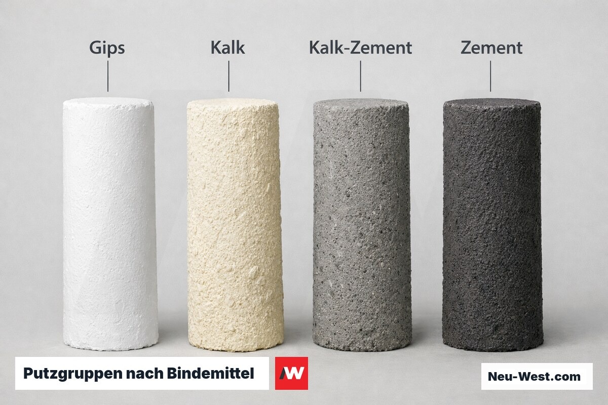 Putzgruppen nach Bindemittel: Druckfestigkeitsklassen und Dampfdurchlaessigkeit im Vergleich – Erklär-Grafik (NEUWEST Berlin)