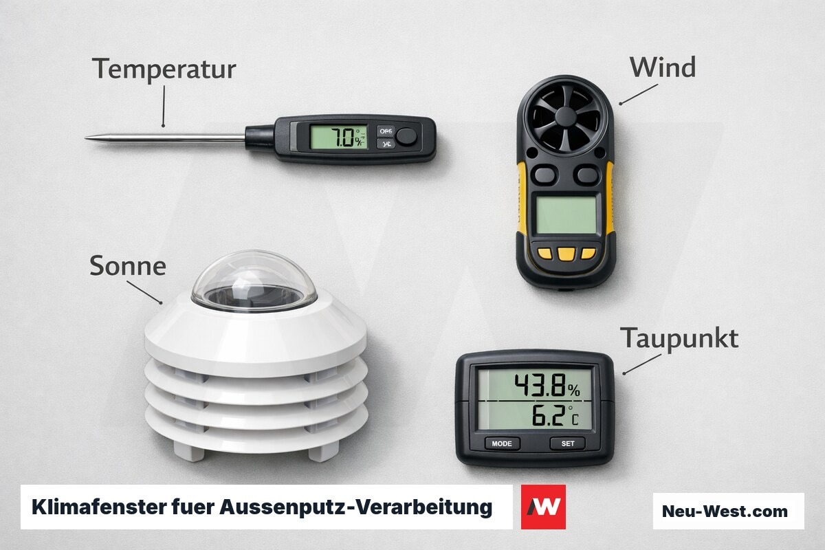 Klimafenster fuer Aussenputz-Verarbeitung: Temperatur, Wind, Sonne und Taupunktabstand – Erklär-Grafik (NEUWEST Berlin)