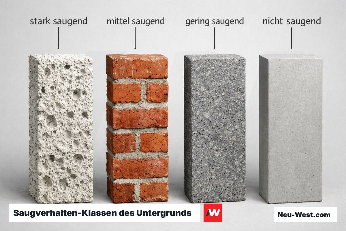 Saugverhalten-Klassen des Untergrunds: kapillare Wasseraufnahme und Vorbehandlung je Klasse – Erklär-Grafik (NEUWEST Berlin)