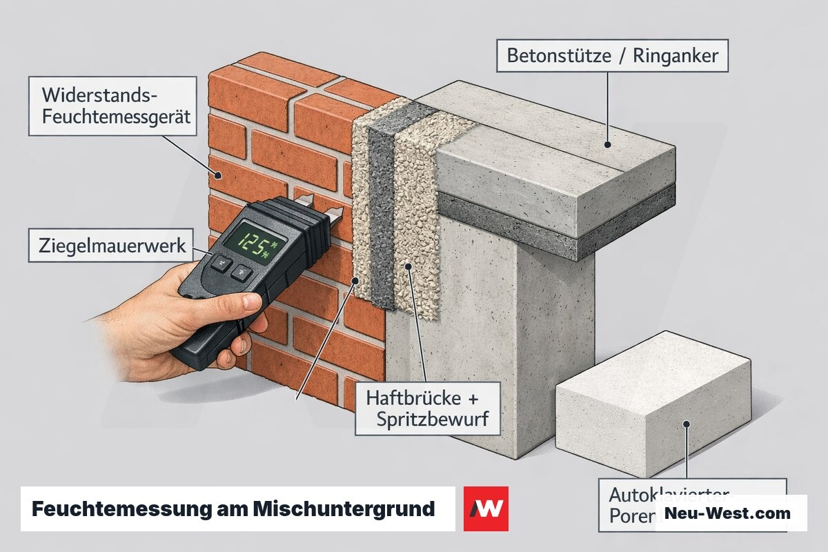 Querschnitt eines Mischuntergrunds aus Mauerwerk und Betonstütze mit Widerstands-Feuchtemessgerät, Haftbrücke und Spritzbewurf am Materialübergang.
