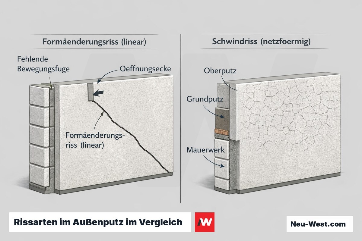 Erklär-Grafik: linearer Formänderungsriss an Fensterecke ohne Bewegungsfuge neben netzförmigen Schwindrissen im Außenputz auf Mauerwerk.