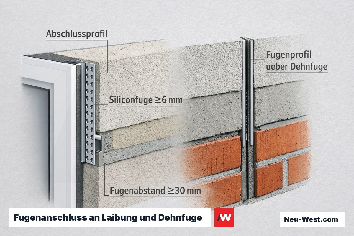 Querschnitt-Detail: Putzabschluss an Fensterlaibung mit Abschlussprofil, Siliconfuge und durchgeführter Bewegungsfuge im Mauerwerk.