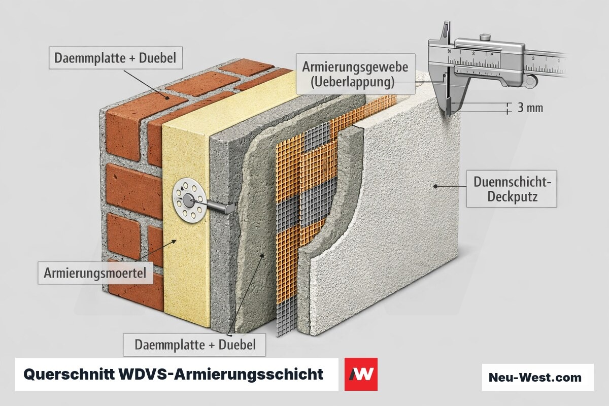 Querschnitt eines WDVS: Dämmplatte, eingebettetes Armierungsgewebe mit Überlappung im Armierungsmörtel und Dünnschicht-Deckputz mit Schichtdickenmaß.