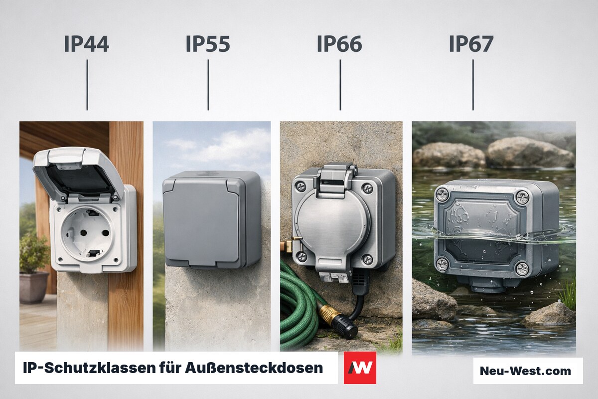 IP-Schutzklassen für Außensteckdosen: Prüfbedingung und Einsatzort – Erklär-Grafik (NEUWEST Berlin)