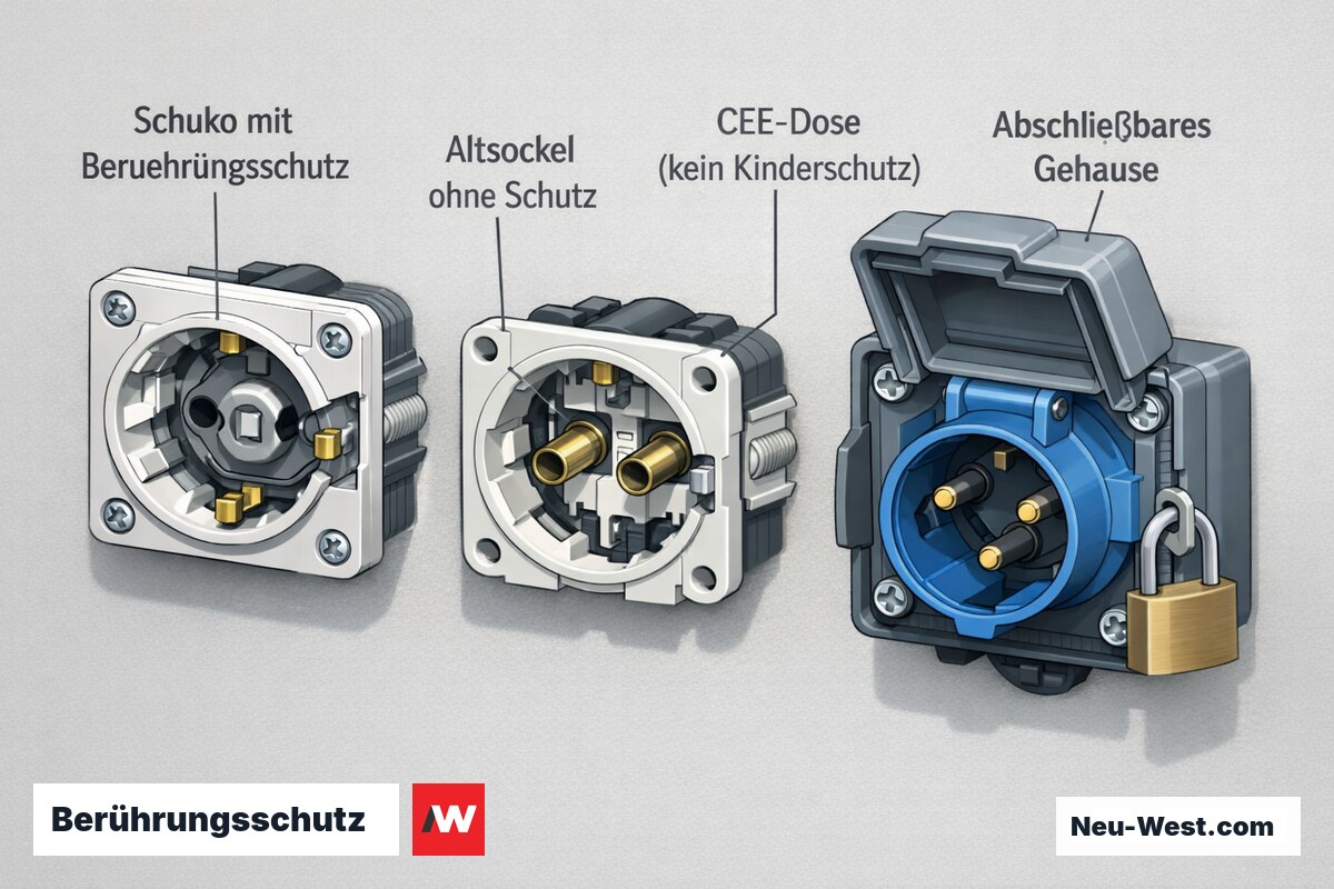 Vergleich dreier Außensteckdosen: Schuko mit Shutter-Berührungsschutz, ungeschützter Altsockel und CEE-Dose im abschließbaren Gehäuse.