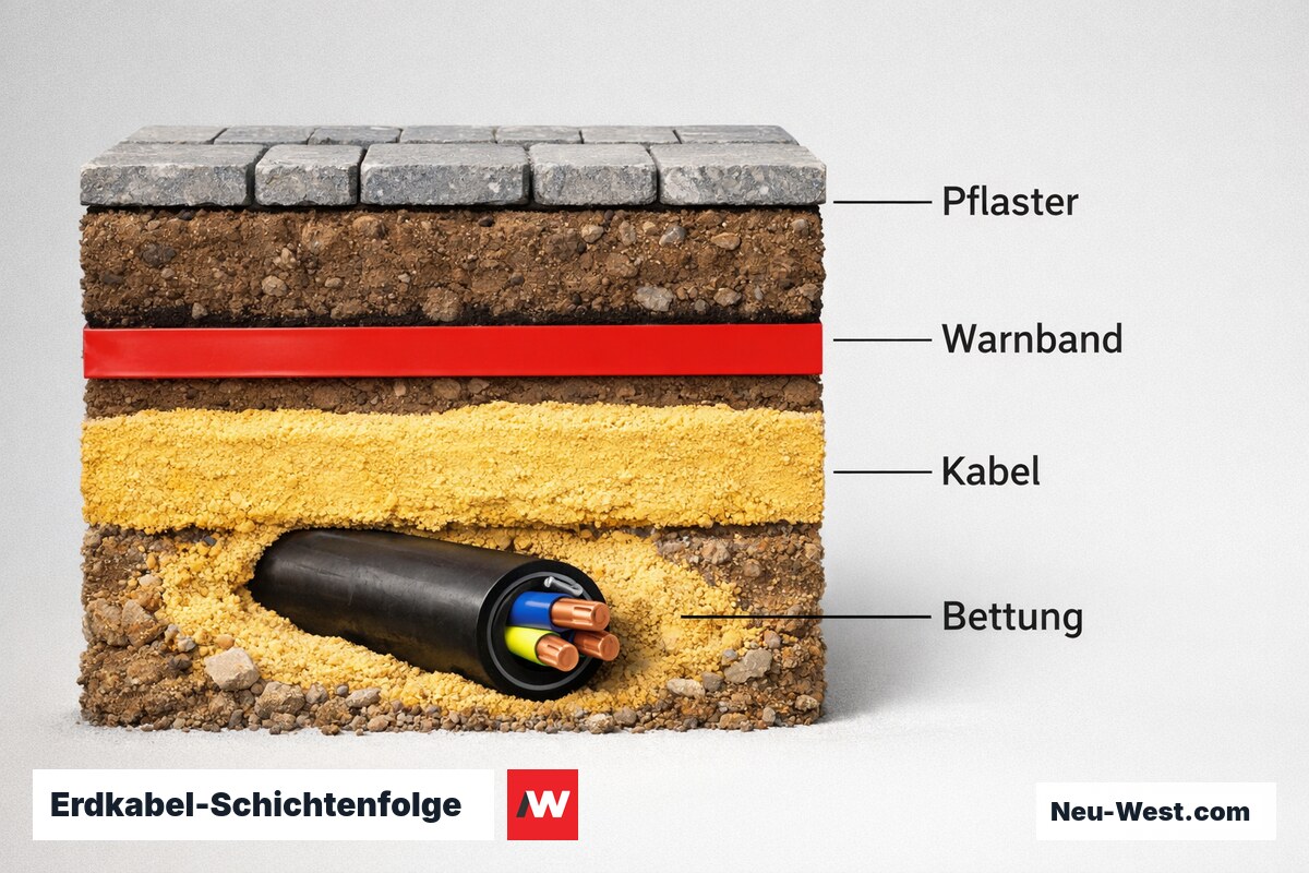 Erdkabel-Schichtenfolge: Regeleinbautiefe nach DIN VDE 0100-520 – Erklär-Grafik (NEUWEST Berlin)