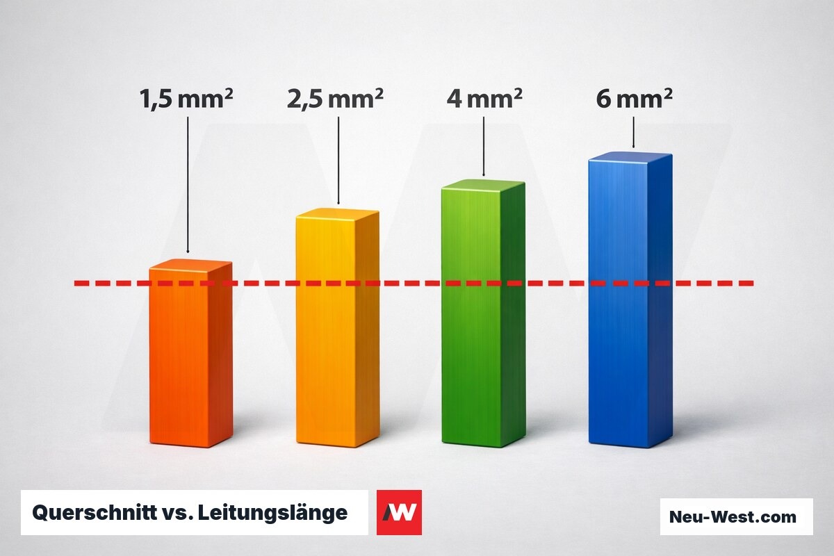Querschnitt vs. Leitungslänge: Spannungsabfall-Grenzwert 3 % (16 A, 230 V) – Erklär-Grafik (NEUWEST Berlin)