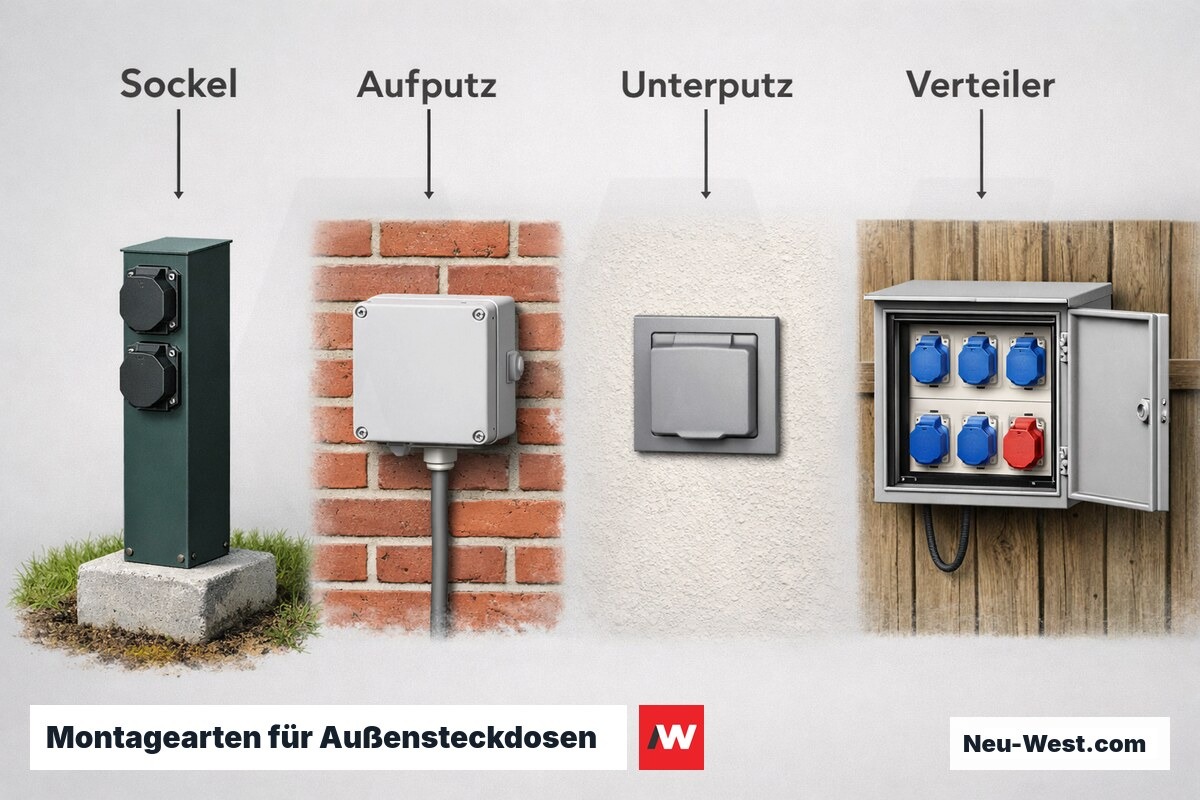 Montagearten für Außensteckdosen: Eignung je Einbausituation – Erklär-Grafik (NEUWEST Berlin)