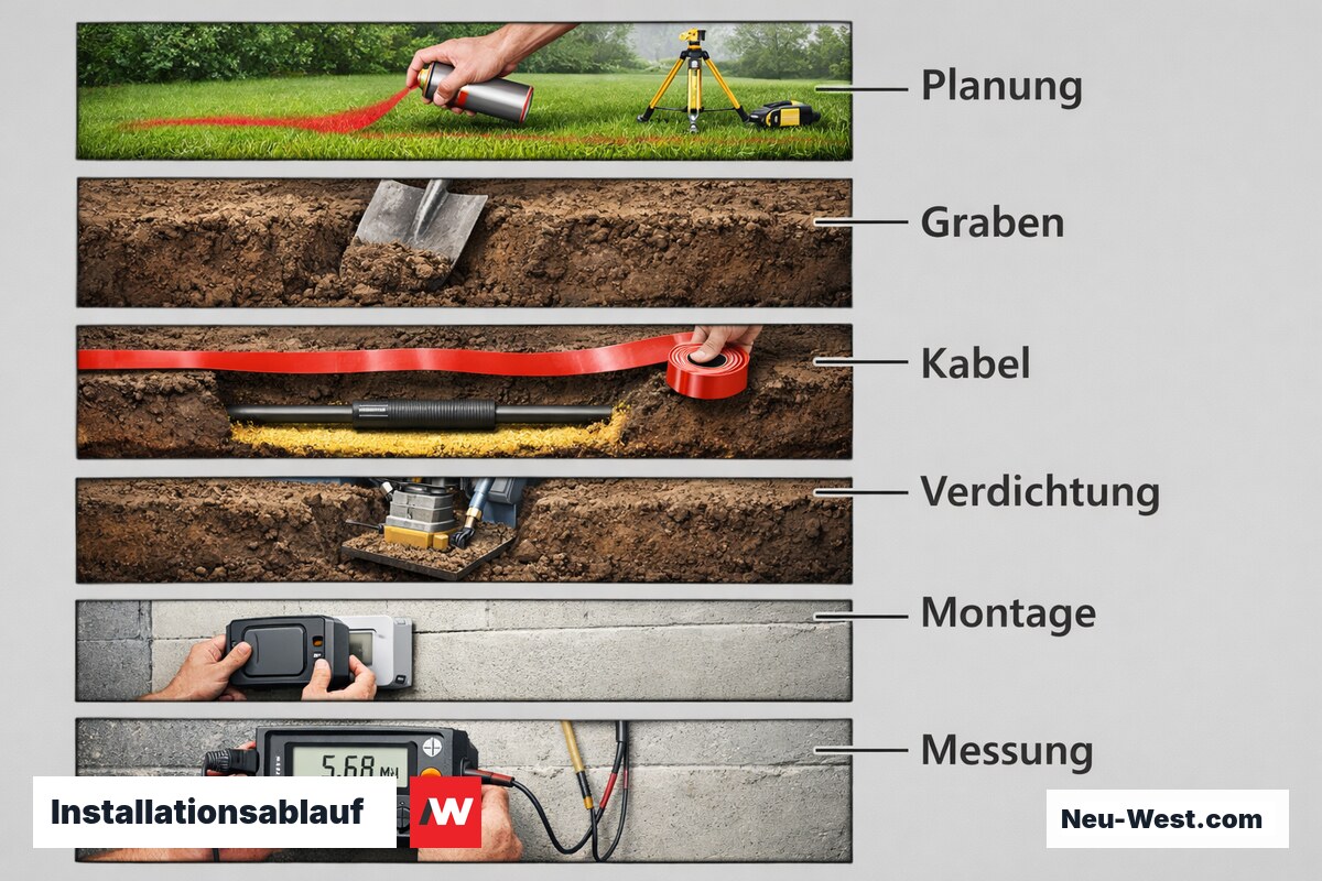 Installationsablauf: Von der Trassenplanung bis zur Erstprüfung nach DIN VDE 0100-600 – Erklär-Grafik (NEUWEST Berlin)
