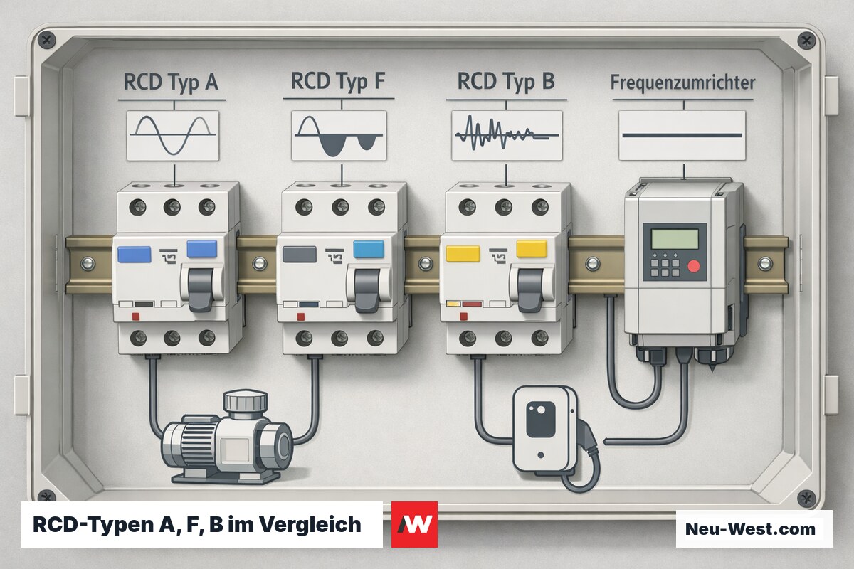 Erklaer-Grafik: Drei FI-Schutzschalter Typ A, F und B auf Hutschiene mit den jeweils erkennbaren Fehlerstrom-Kurvenformen fuer Gartengeraete.