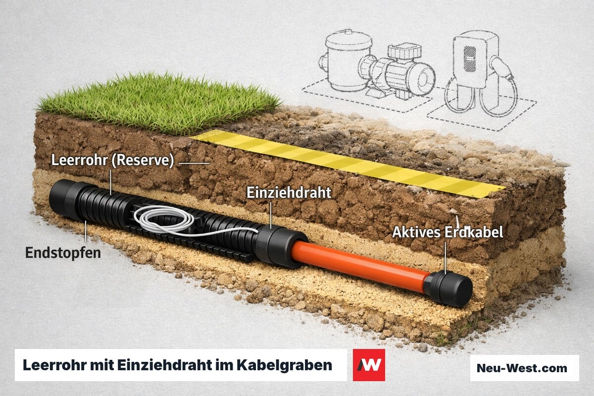Cutaway-Grafik eines Kabelgrabens mit vorbereitetem Leerrohr, Einziehdraht und Endstopfen neben dem aktiven Erdkabel fuer spaetere Nachruestung.